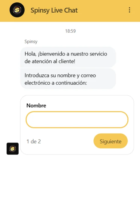 Spinsy Casino chat en vivo con formulario de nombre y atención al cliente