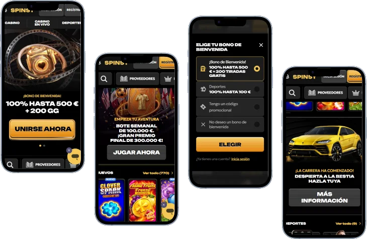 Spinsy Casino pantallas móviles con bono de bienvenida, lobby de juegos, selección de bono y promoción deportiva